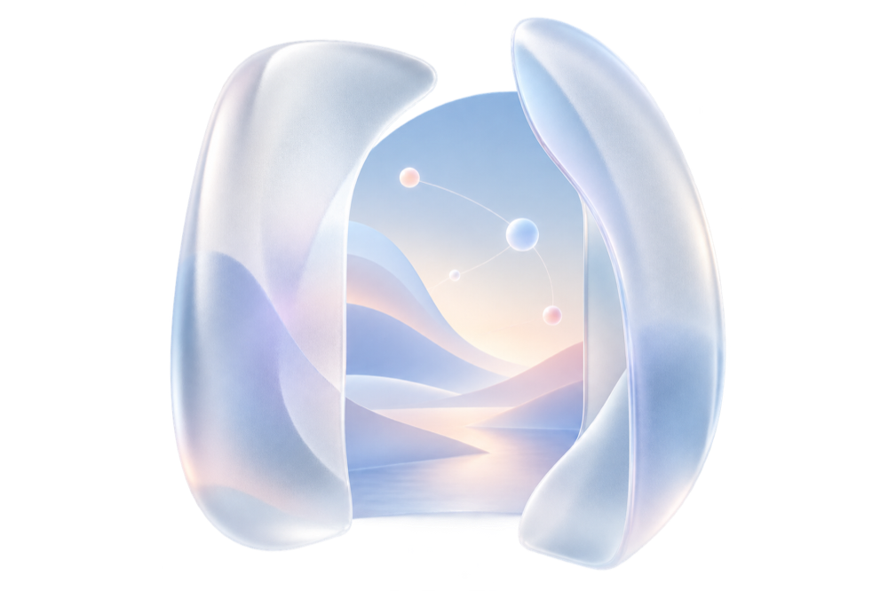 A soft glass gateway opening into a connected world
